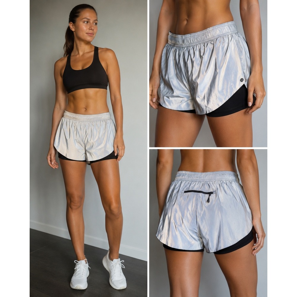 Calia by Carrie Underwood Womens Reflective Silver Running Shorts with Liner M